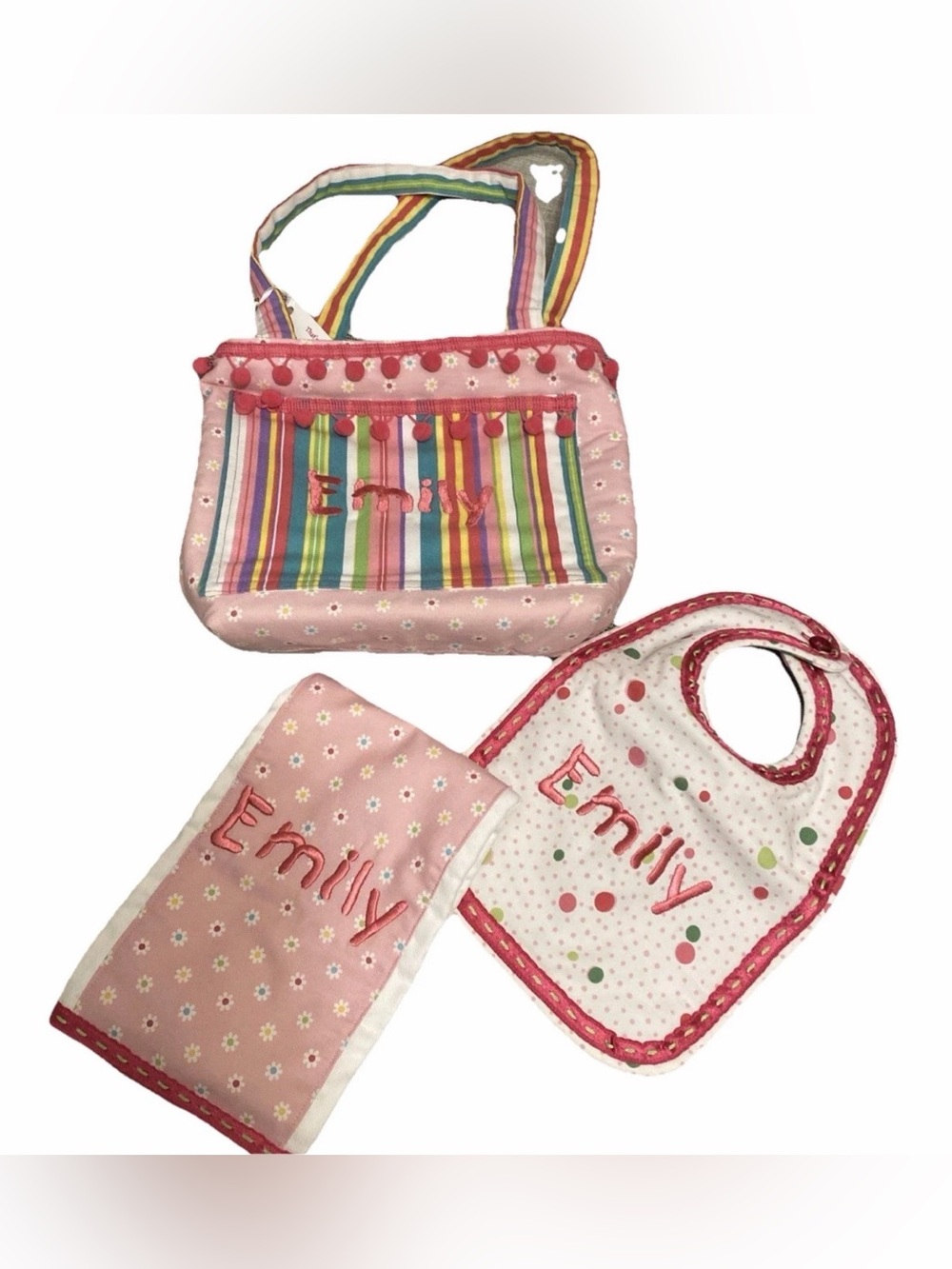NWT Small Hand Made Diaper Bag with Bib Burp Cloth Emily Hand Sewn Baby Bag Pink